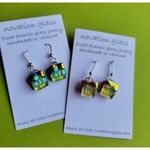 Two Pair Fused Dichroic Glass Dangle Earrings with Sterling Hooks Handmade